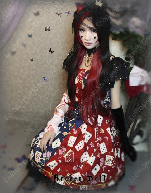 Broken Doll Poker Face Red And Blue Splicing Classical Puppets Dress