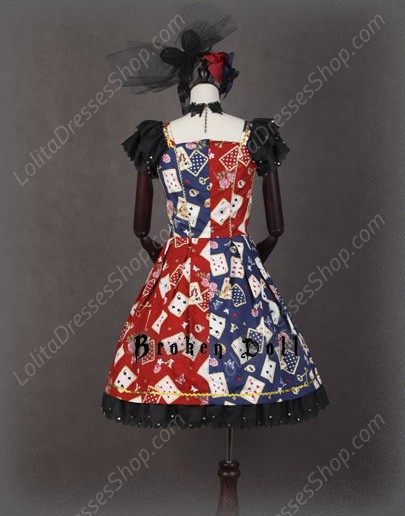 Broken Doll Poker Face Red And Blue Splicing Classical Puppets Dress