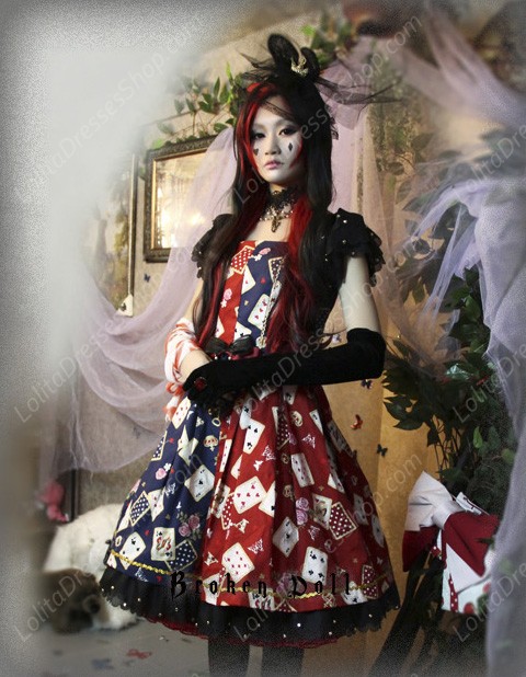 Broken Doll Poker Face Red And Blue Splicing Classical Puppets Dress