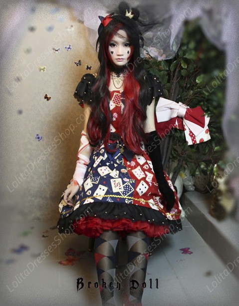 Broken Doll Poker Face Red And Blue Splicing Classical Puppets Dress