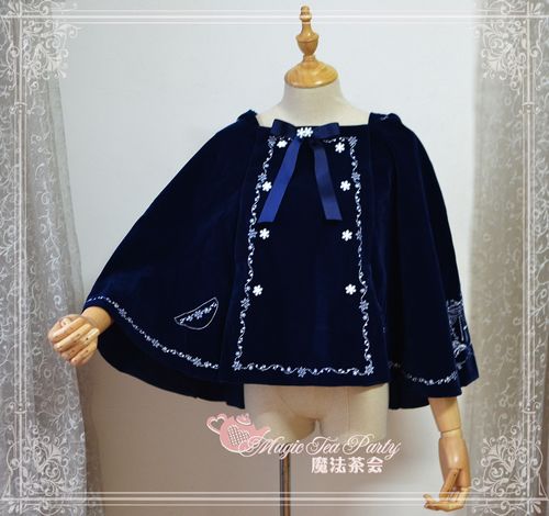 Sweet Cotten Embroidery Magic Tea Party Lolita Cape with Hood