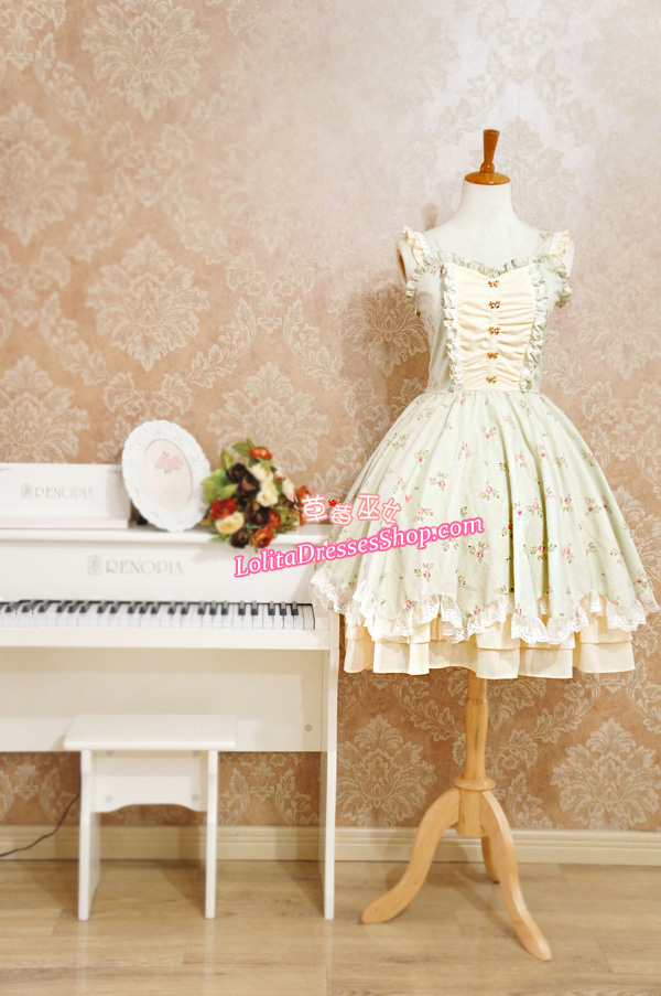 Sweet Cotten Elegant With Flower Prints Strawberry Witch Lolita Jumper Dress