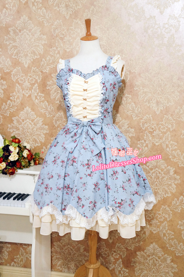 Sweet Cotten Elegant With Flower Prints Strawberry Witch Lolita Jumper Dress