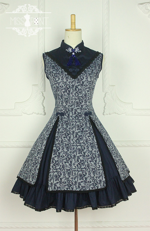 Ode to Elegance Lotus Prints Stand Collar Qi Miss Point Lolita Jumper Dress