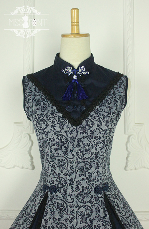 Ode to Elegance Lotus Prints Stand Collar Qi Miss Point Lolita Jumper Dress