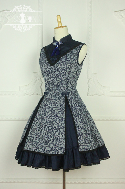 Ode to Elegance Lotus Prints Stand Collar Qi Miss Point Lolita Jumper Dress