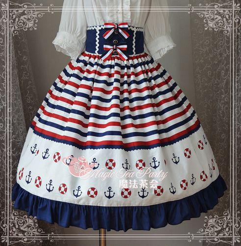 Sailor Style High Waist Blue Ocean Magic Tea Party Lolita Skirt