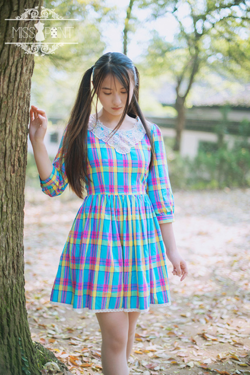 Sweet Candy Rainbow Vintage Gingham Miss Point Lolita OP Dress