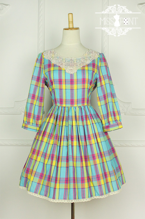 Sweet Candy Rainbow Vintage Gingham Miss Point Lolita OP Dress