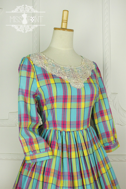 Sweet Candy Rainbow Vintage Gingham Miss Point Lolita OP Dress