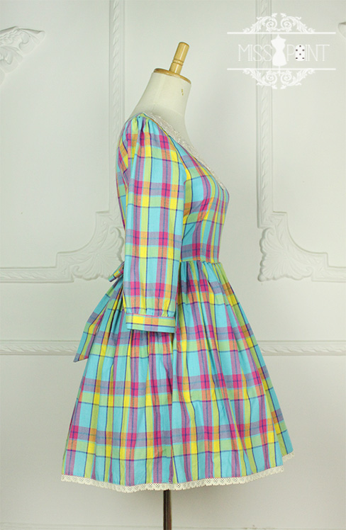 Sweet Candy Rainbow Vintage Gingham Miss Point Lolita OP Dress