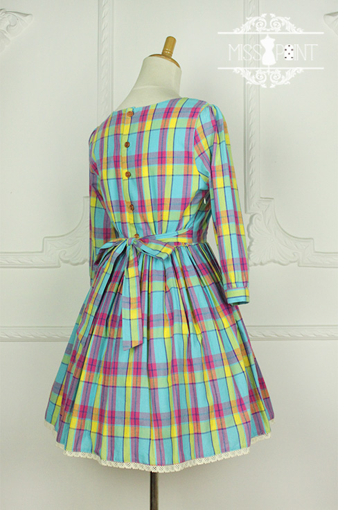 Sweet Candy Rainbow Vintage Gingham Miss Point Lolita OP Dress