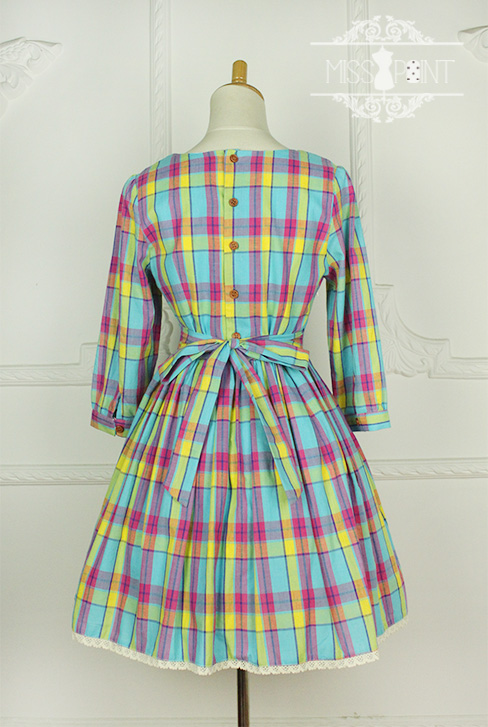 Sweet Candy Rainbow Vintage Gingham Miss Point Lolita OP Dress