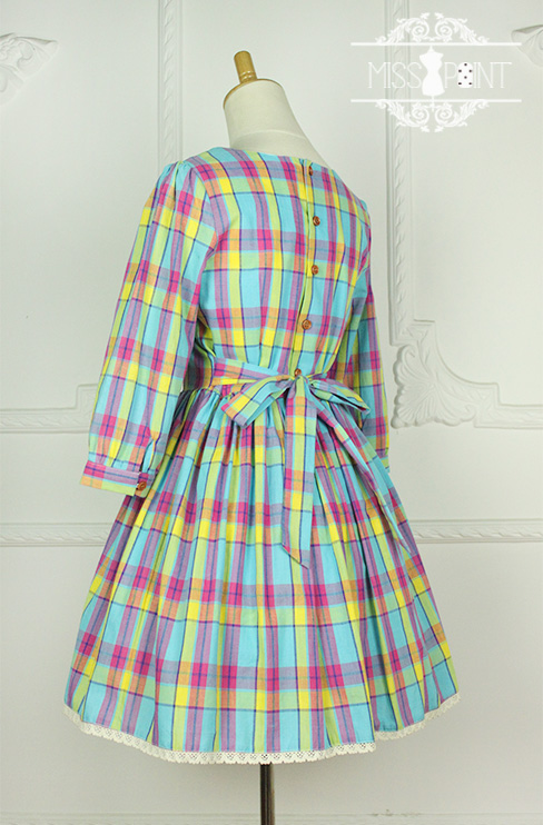 Sweet Candy Rainbow Vintage Gingham Miss Point Lolita OP Dress