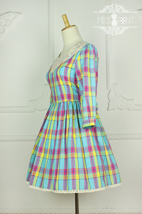 Sweet Candy Rainbow Vintage Gingham Miss Point Lolita OP Dress