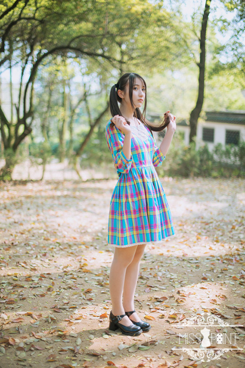 Sweet Candy Rainbow Vintage Gingham Miss Point Lolita OP Dress