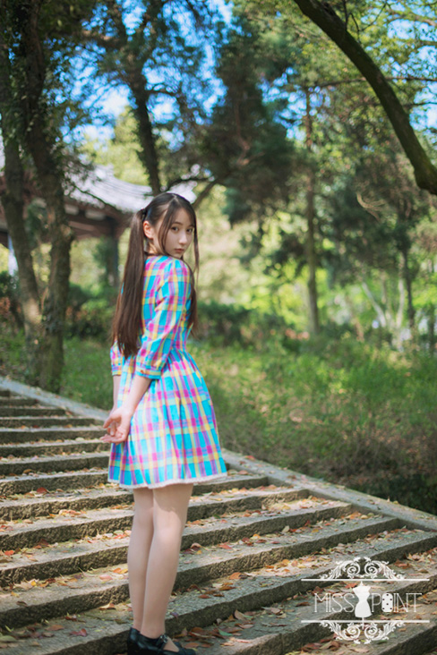 Sweet Candy Rainbow Vintage Gingham Miss Point Lolita OP Dress