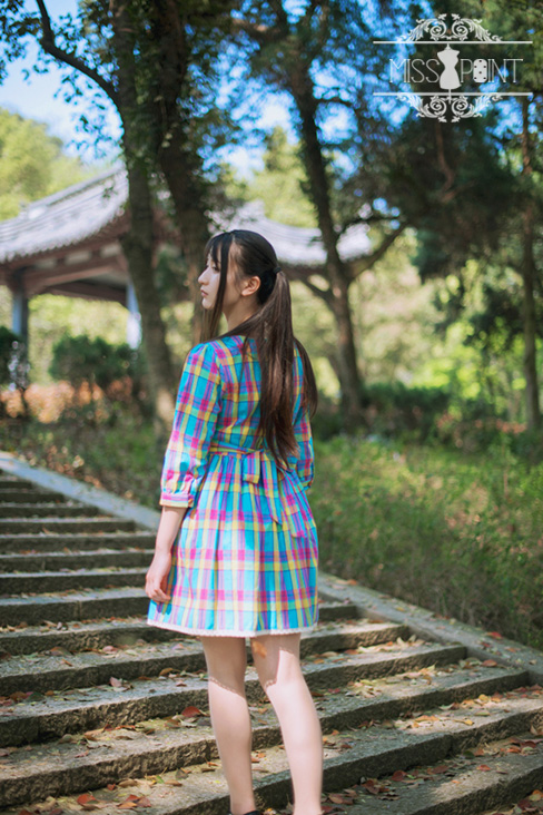 Sweet Candy Rainbow Vintage Gingham Miss Point Lolita OP Dress