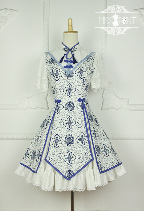 Blue and White Porcelain Qi Miss Point Lolita OP Dress