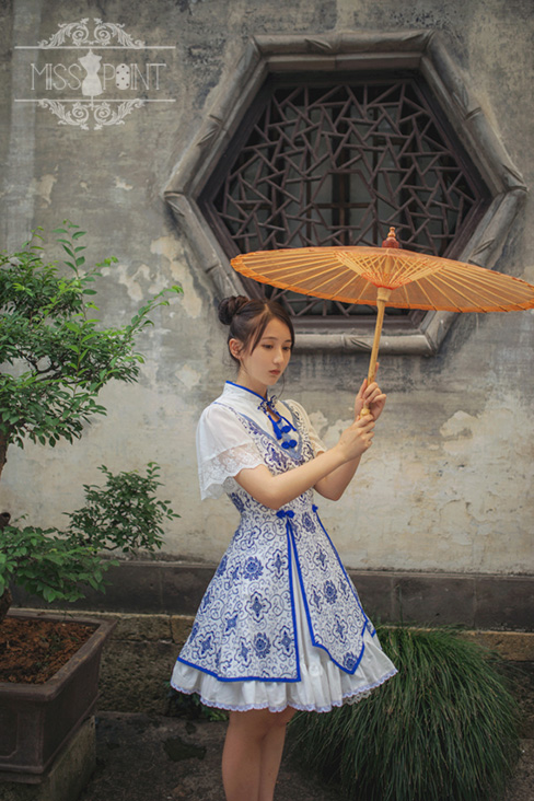 Blue and White Porcelain Qi Miss Point Lolita OP Dress