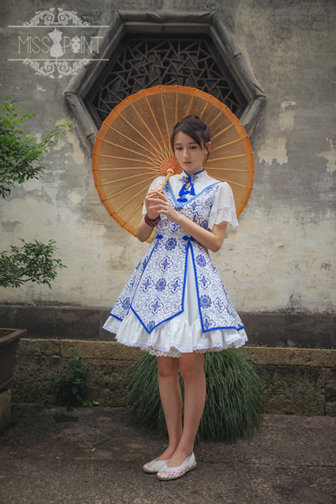 Blue and White Porcelain Qi Miss Point Lolita OP Dress