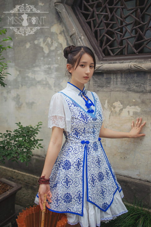 Blue and White Porcelain Qi Miss Point Lolita OP Dress