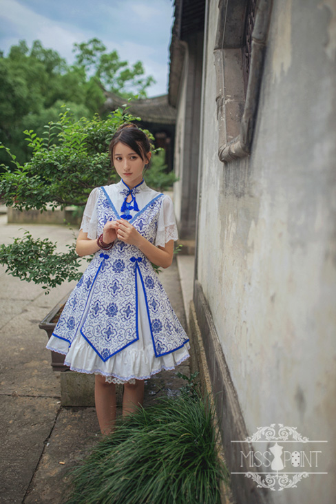 Blue and White Porcelain Qi Miss Point Lolita OP Dress