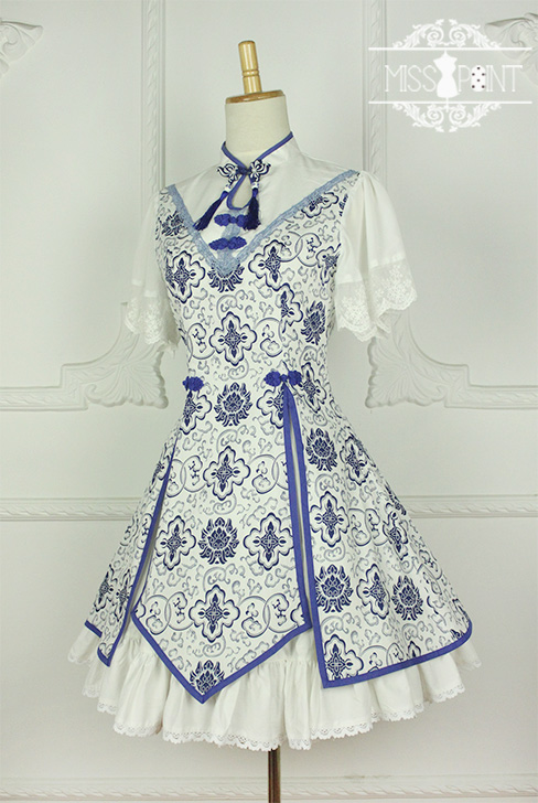 Blue and White Porcelain Qi Miss Point Lolita OP Dress