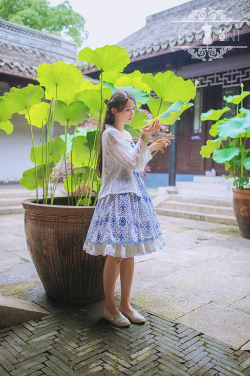 Blue and White Porcelain Qi Miss PointLolita Jumper Dress