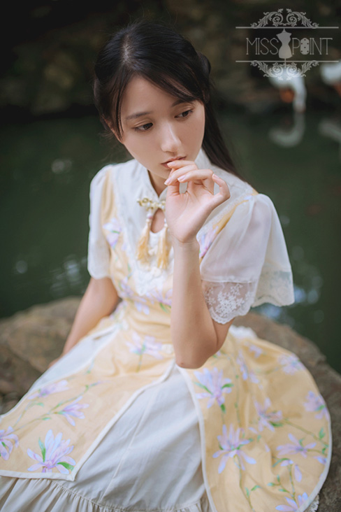 Sweet Chiffon Yellow YuLan Chinese Wind Stand Collar Short Sleeved Miss Point Lolita OP