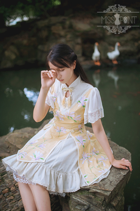 Sweet Chiffon Yellow YuLan Chinese Wind Stand Collar Short Sleeved Miss Point Lolita OP