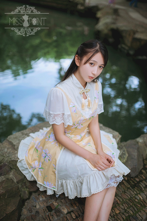 Sweet Chiffon Yellow YuLan Chinese Wind Stand Collar Short Sleeved Miss Point Lolita OP