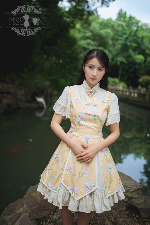 Sweet Chiffon Yellow YuLan Chinese Wind Stand Collar Short Sleeved Miss Point Lolita OP