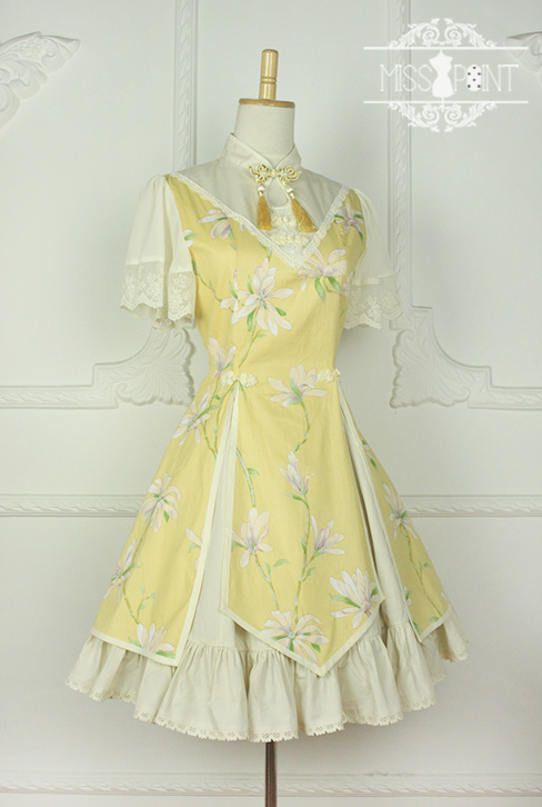 Sweet Chiffon Yellow YuLan Chinese Wind Stand Collar Short Sleeved Miss Point Lolita OP