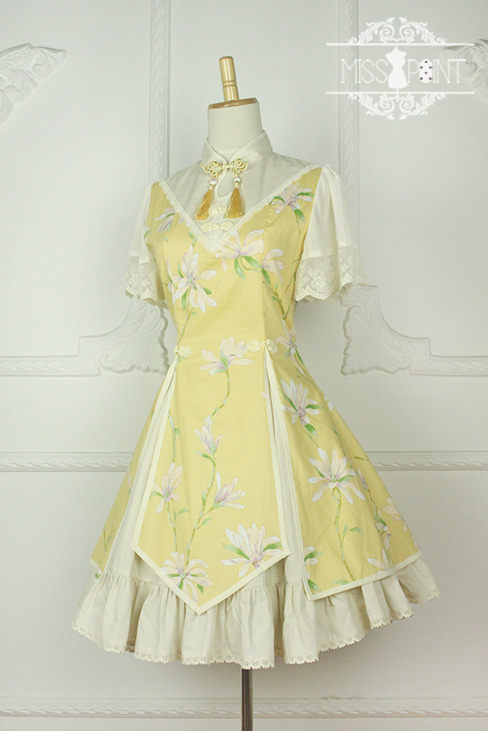 Sweet Chiffon Yellow YuLan Chinese Wind Stand Collar Short Sleeved Miss Point Lolita OP