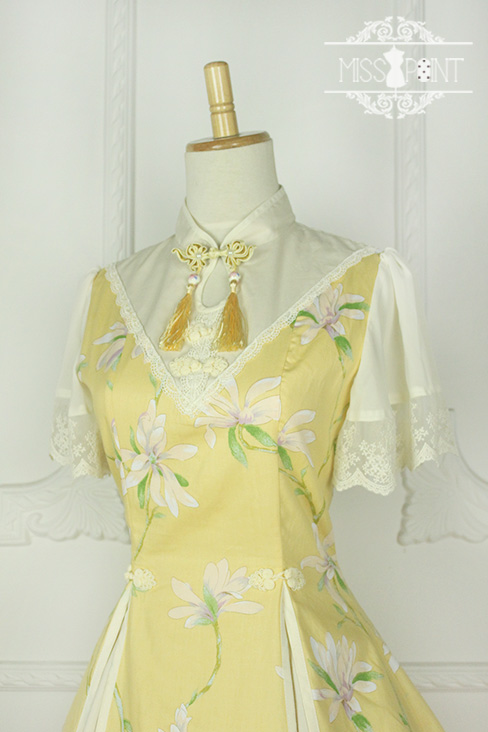 Sweet Chiffon Yellow YuLan Chinese Wind Stand Collar Short Sleeved Miss Point Lolita OP