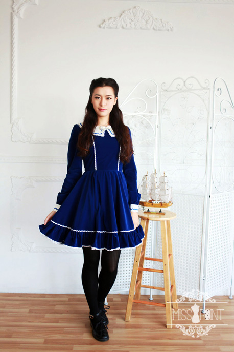 Monet\'s Garden Vintage College School Style Miss Point Lolita OP Dress