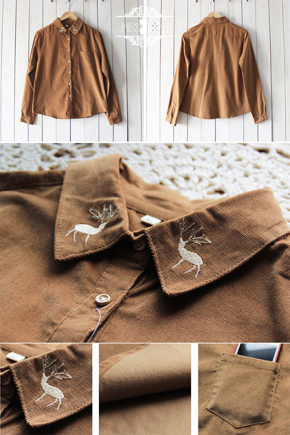 Forest Maiden Elegant Vintage Corduroy Mi-lu Embroidery Thick Miss Point Lolita Blouse