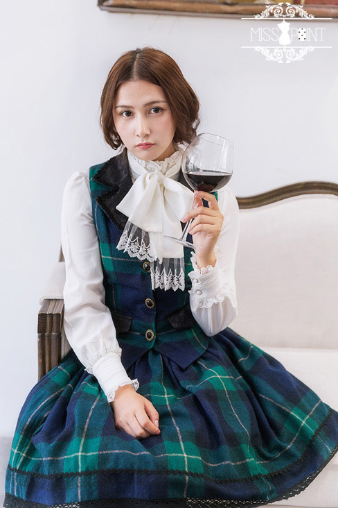 Earl Grey Tea Woolen Gingham Miss Point Lolita Vest and Skirt Set