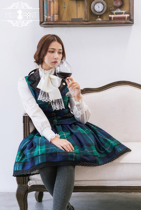 Earl Grey Tea Woolen Gingham Miss Point Lolita Vest and Skirt Set