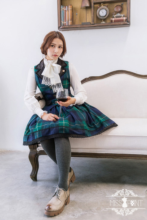 Earl Grey Tea Woolen Gingham Miss Point Lolita Vest and Skirt Set