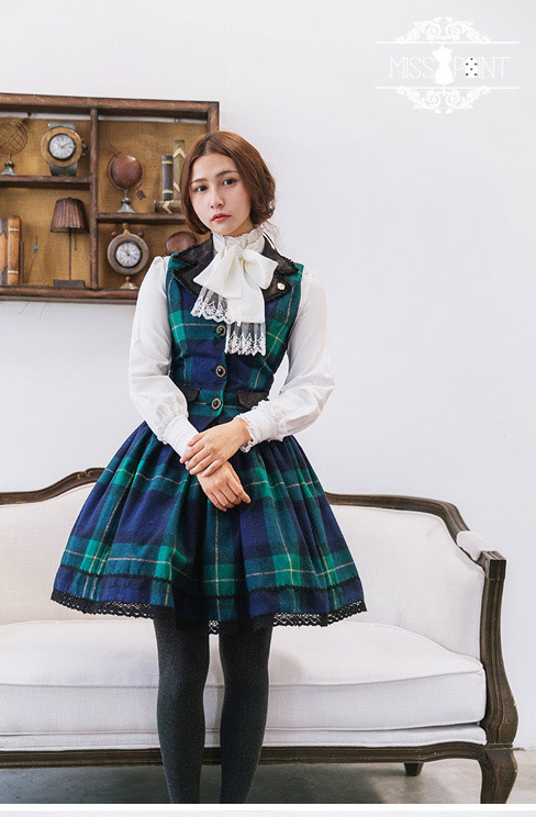 Earl Grey Tea Woolen Gingham Miss Point Lolita Vest and Skirt Set