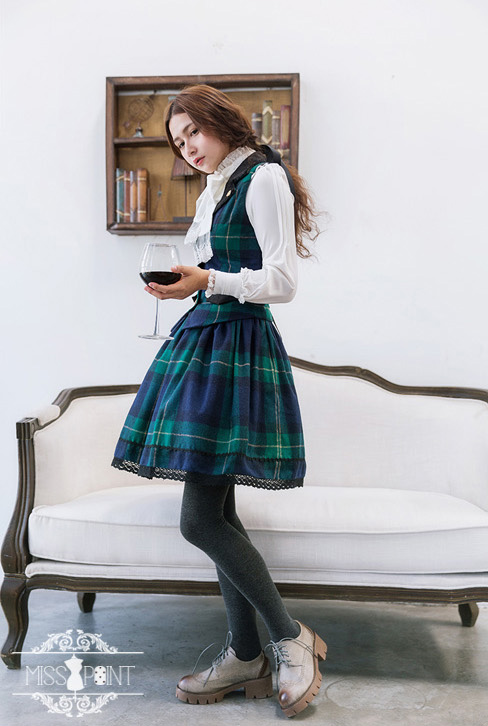 Earl Grey Tea Woolen Gingham Miss Point Lolita Vest and Skirt Set