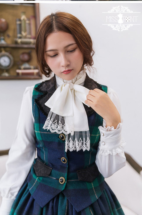 Earl Grey Tea Woolen Gingham Miss Point Lolita Vest and Skirt Set