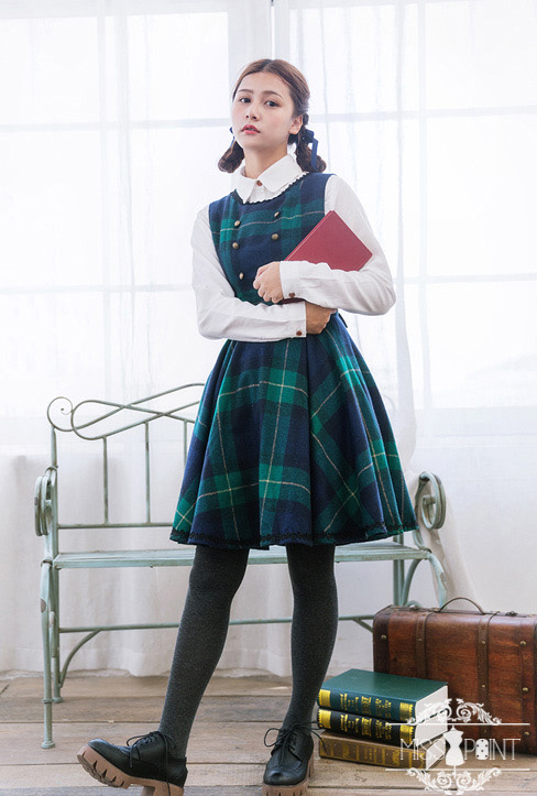 Vintage College School Style Woolen Gingham Miss Point Lolita JSK
