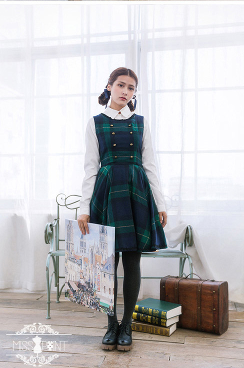 Vintage College School Style Woolen Gingham Miss Point Lolita JSK