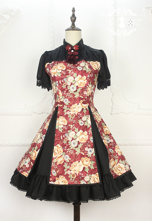 Qi Miss Point Lolita Stand Collar OP Dress with Hibiscus Pattern