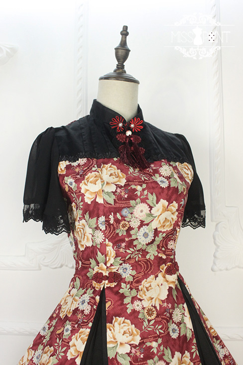 Qi Miss Point Lolita Stand Collar OP Dress with Hibiscus Pattern