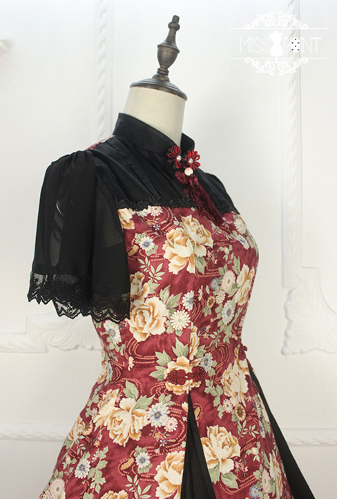 Qi Miss Point Lolita Stand Collar OP Dress with Hibiscus Pattern