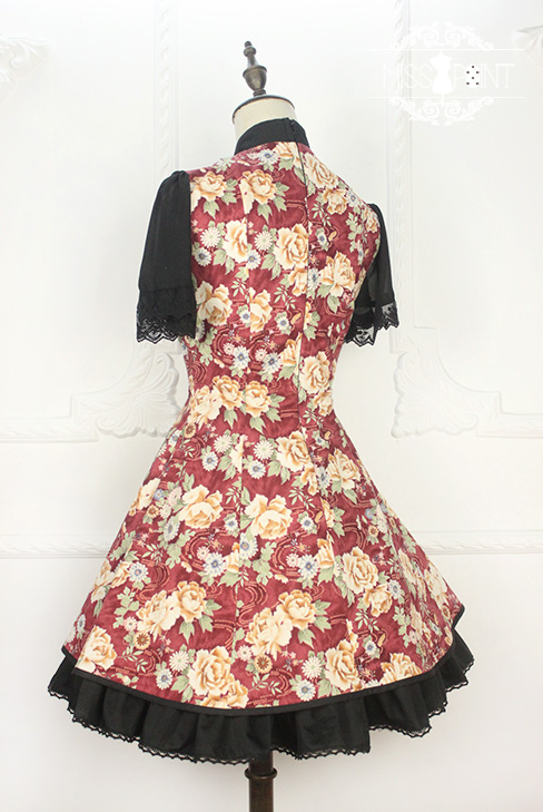 Qi Miss Point Lolita Stand Collar OP Dress with Hibiscus Pattern